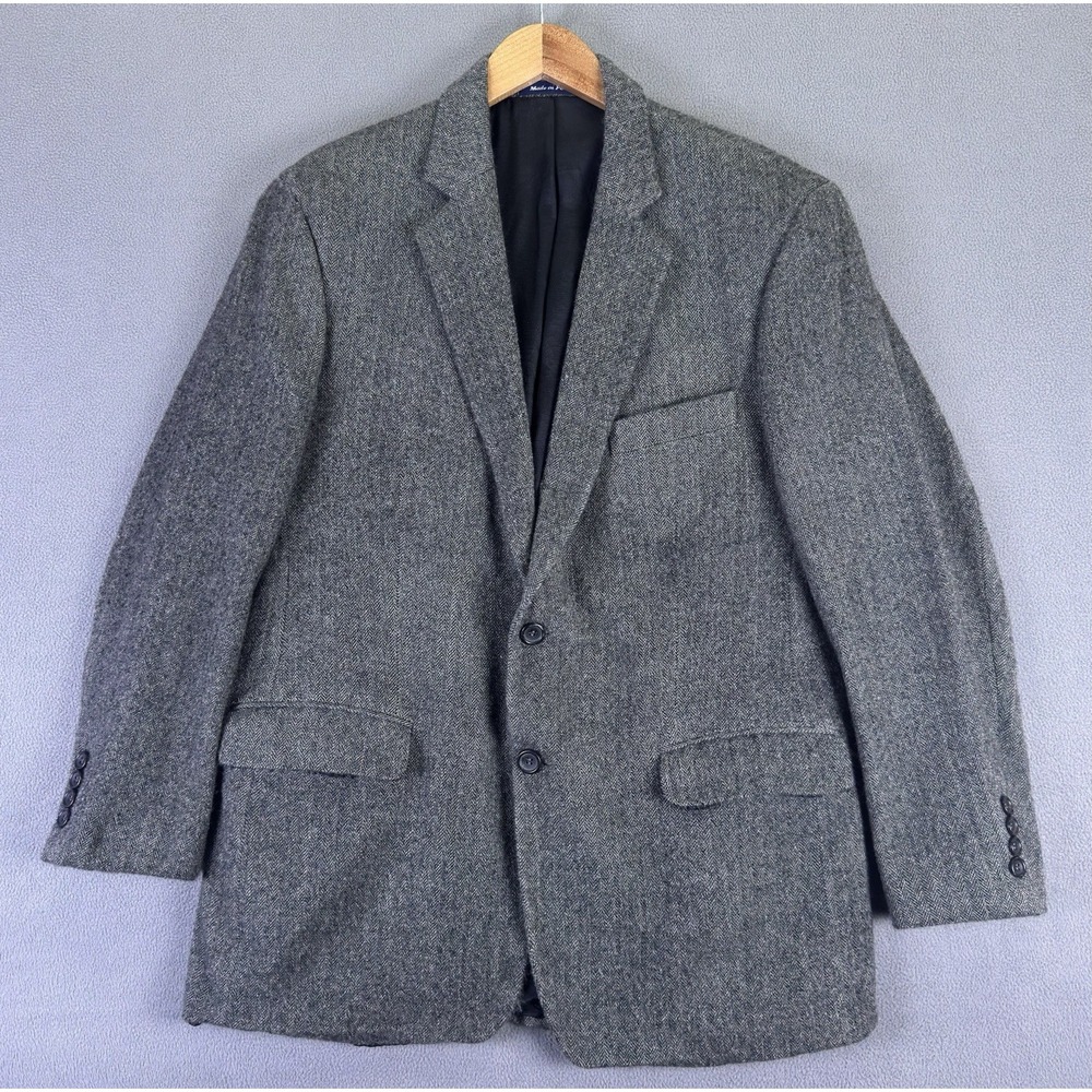 Alan Flusser Blazer Jacket 42 Regular Grey Wool Tweed Chevron Office Lambswool